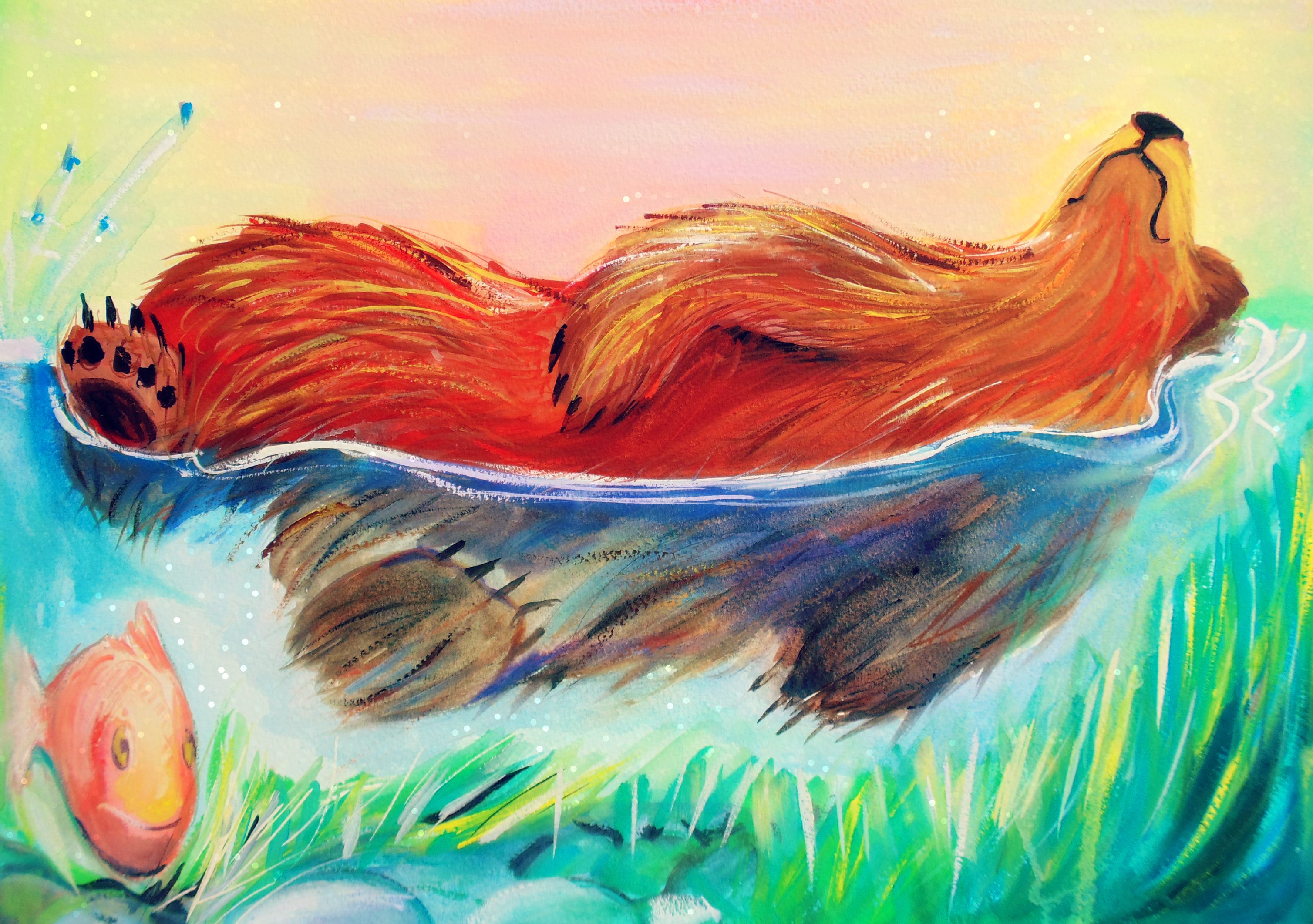 Bear and Salmon children's book illustration by Ros Webb